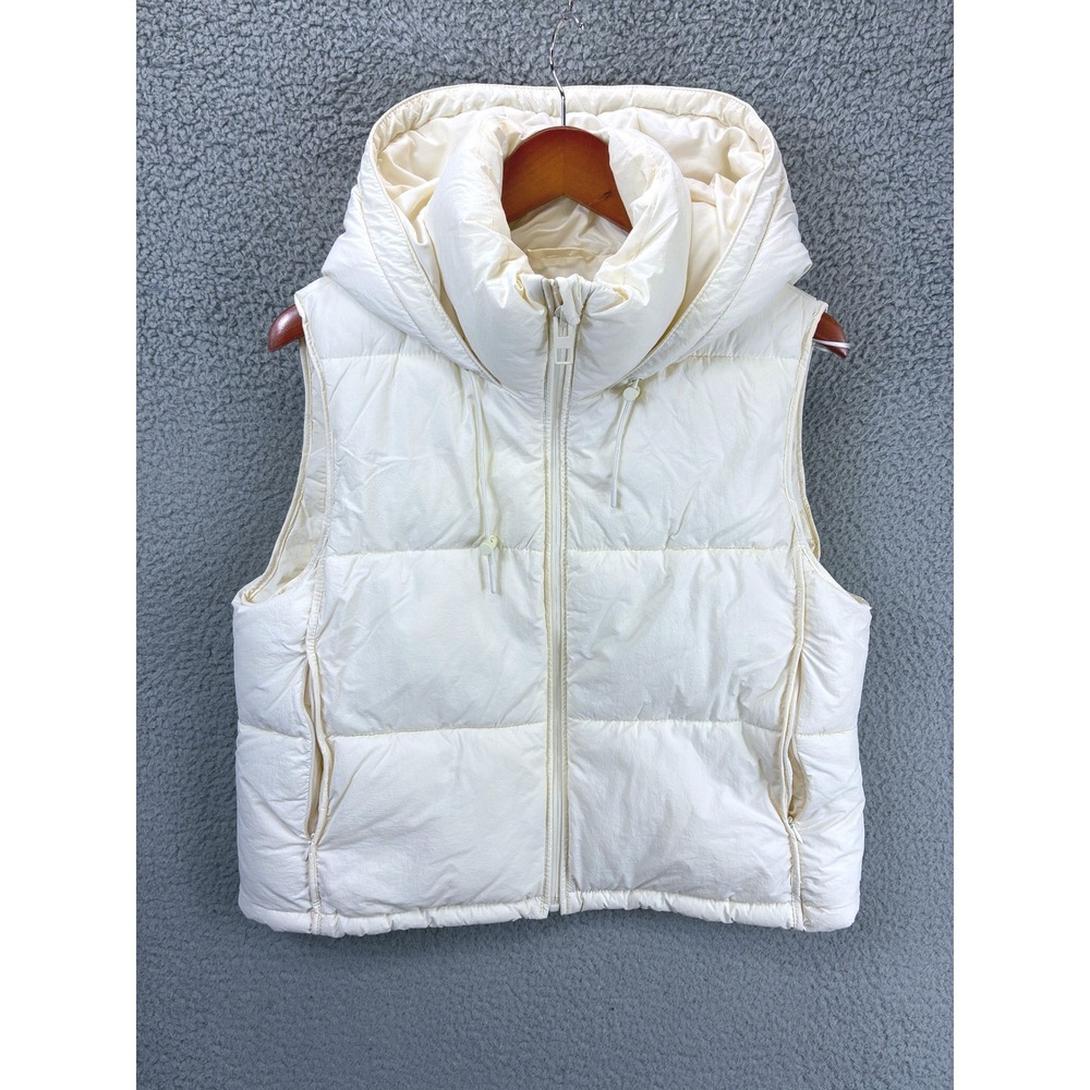 ZARA Quilted Puffer Vest Womens L Cream Hooded Sleeveless Winter Jacket